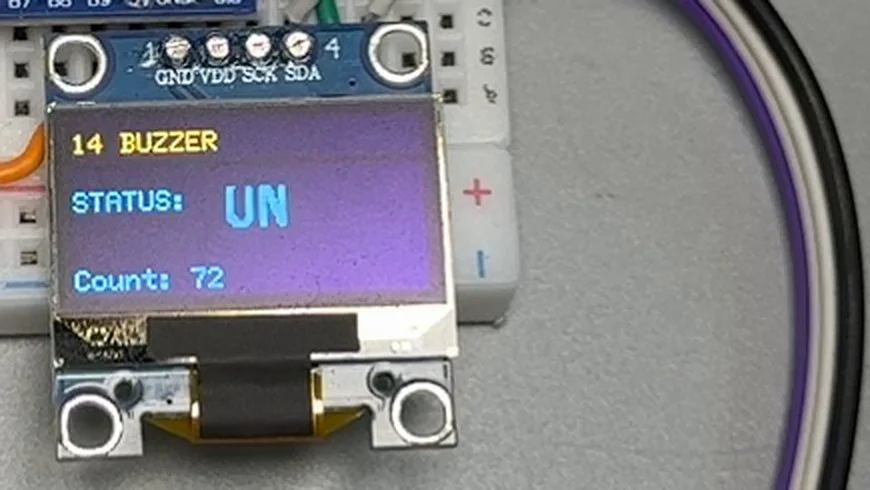 OLED 实拍特写：STATUS 显示 ON，蜂鸣器响