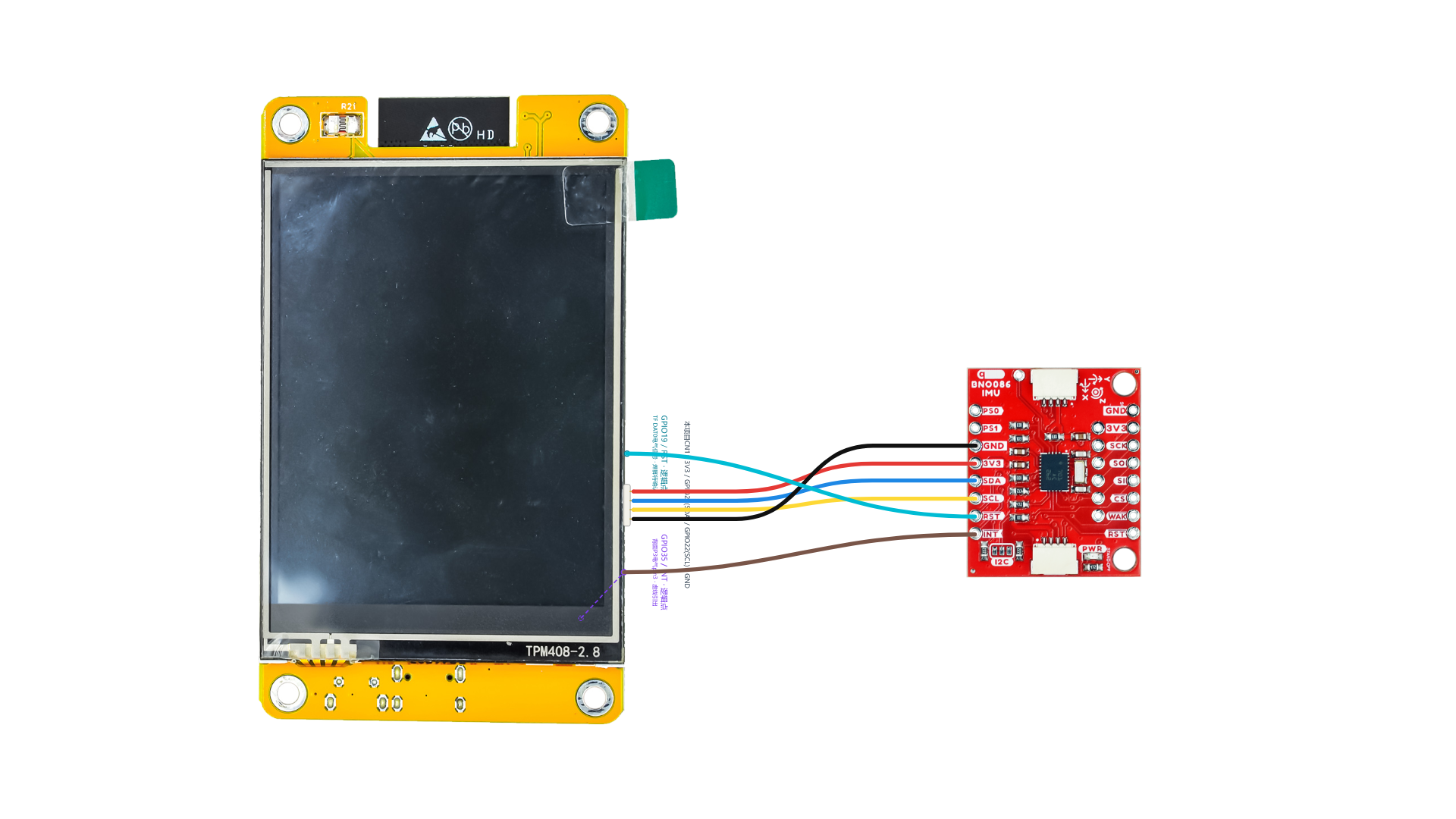 已修正的六线软件逻辑图：SDA27、SCL22、INT35、RST19；GPIO19和GPIO35为虚拟逻辑端点，不是实物焊点位置