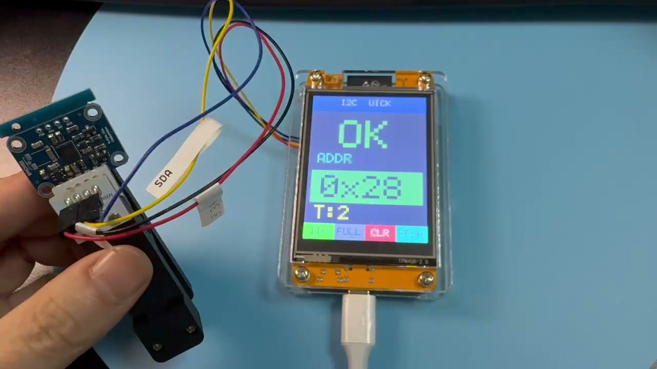 CN1接BNO055实测截图，屏幕显示I2C QUICK模式OK，ADDR 0x28