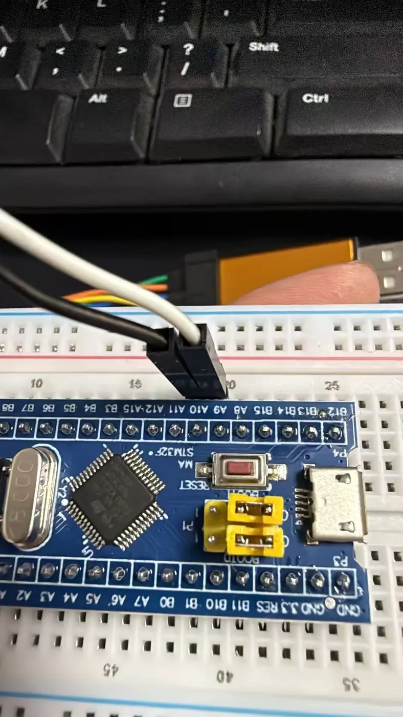 STM32板子BOOT0/BOOT1跳线帽位置实拍，靠近复位按键
