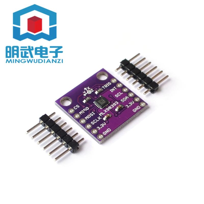 MLX90393 三轴磁场传感器模块实物图，紫色 PCB，两侧丝印 CS/MISO/MOSI/SCLK/3.3V/GND 与 TRIG/INT/SCL/SDA/3.3V/GND，附两条 6P 排针