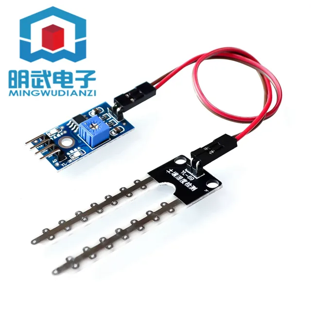土壤湿度传感器整体外观：探头 + LM393 控制板 + 连接线
