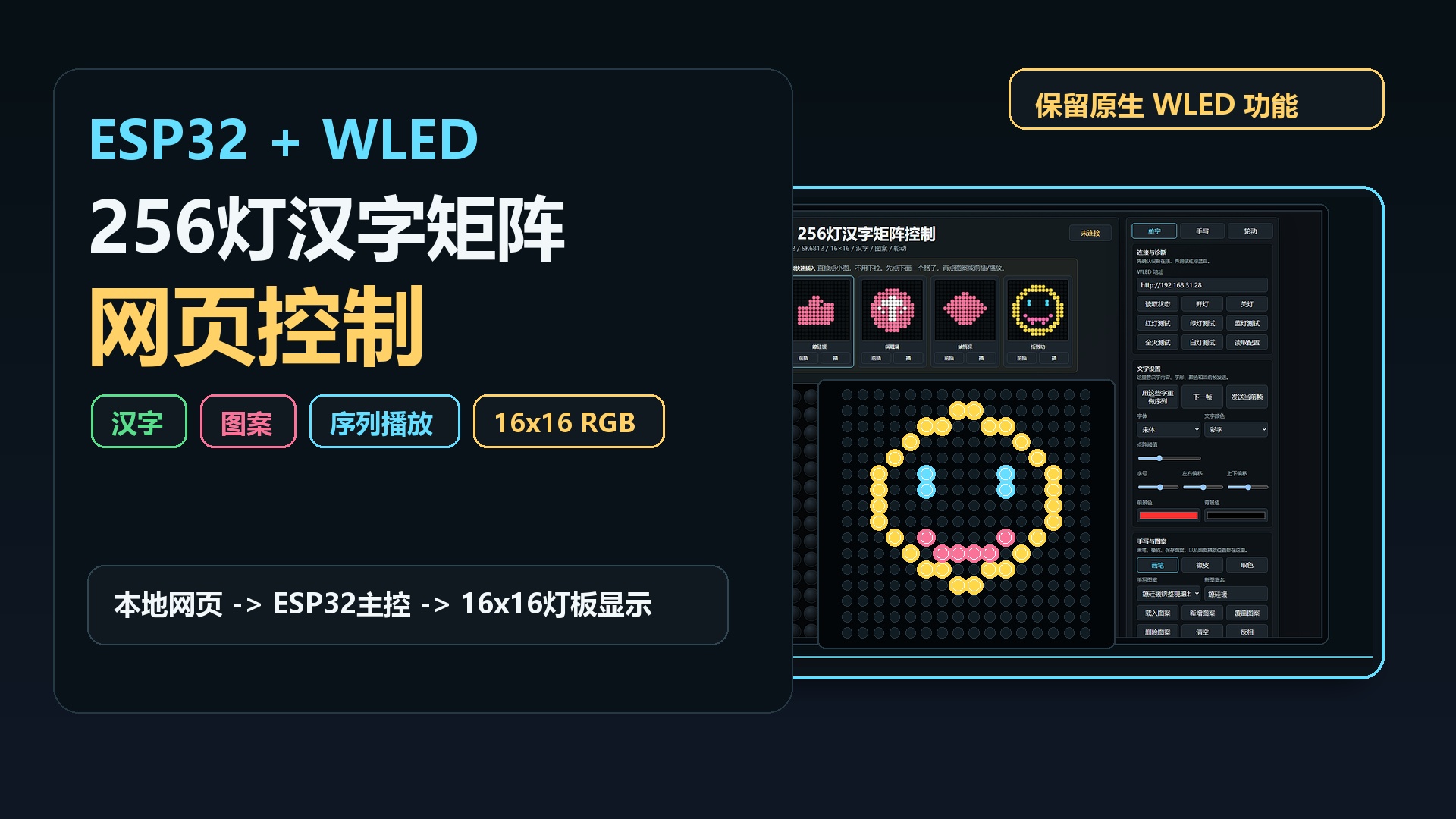ESP32 + WLED 256灯汉字矩阵网页控制封面